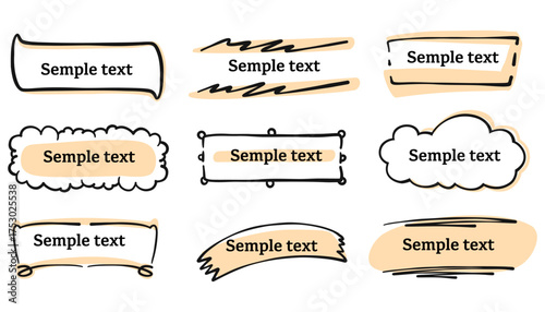 Hand drawn doodle banner and frame set. Brush stroke rustic style with decorative tags, labels, and highlight elements. Perfect for headlines, text decoration, badges, invitations, and creative