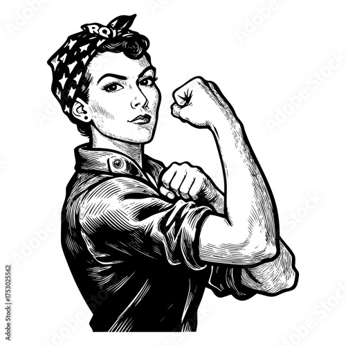 Rosie the Riveter Feminist Symbol Engraving Vector Illustration