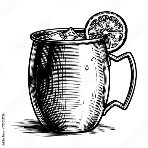 Moscow Mule Copper Mug Cocktail Engraving Vector Illustration