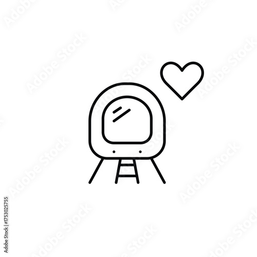 Subway train on rails and heart. Transit with care, favorite routes. Pixel perfect, editable stroke vector icon