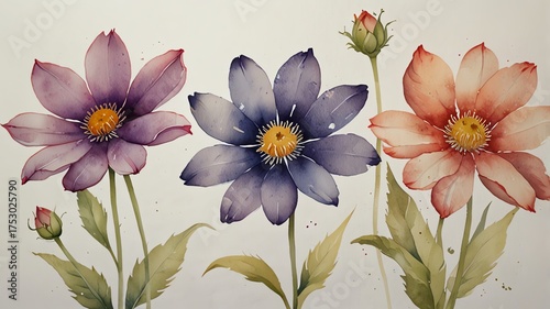 Watercolor floral art, delicate petals, vibrant colors, nature's beauty, springtime bloom, decorative illustration, artistic floral arrangement