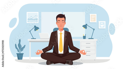 Businessman meditating in a lotus pose at his modern office workplace for stress relief and mindfulness.
