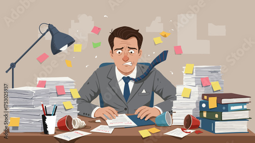 Overwhelmed businessman in a suit looking stressed while buried under a mountain of paperwork at his messy office desk.