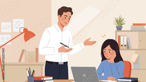 A male manager explains something to a female employee who looks stressed at her desk in an office setting.