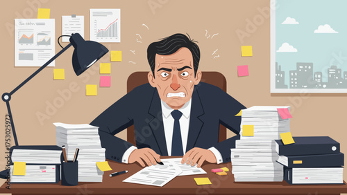 An overwhelmed businessman sits at a cluttered desk piled high with documents and books, looking stressed.
