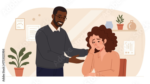 Man comforting a sad woman, offering support and empathy in a warm, inviting room.