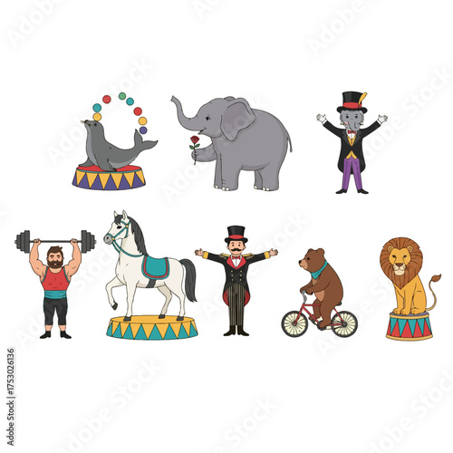 Colorful illustration of circus animals and performers, showcasing various acts and characters in a vibrant setting.