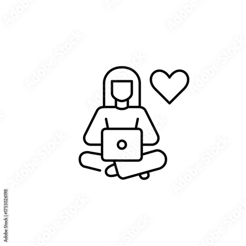 Woman working at laptop remotely and heart. Customer support, remote user care. Pixel perfect, editable stroke vector icon