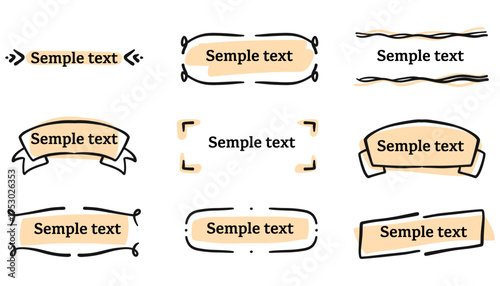 Vector set of hand drawn banners and frames. Includes doodle tags, brush stroke highlights, and rustic ornaments. Ideal for text decoration, headlines, badges, invitations, and graphic projects.