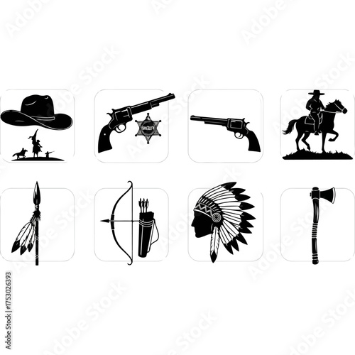 Collection of black and white illustrations depicting elements of the Wild West and Native American culture.