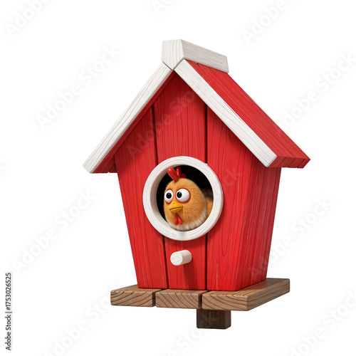Red Birdhouse with Chick Inside