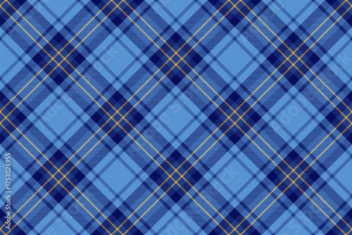 Classic tartan pattern featuring a blue, navy, and gold color scheme. Ideal for backgrounds, fabrics, or graphic design needing a traditional textile aesthetic.
