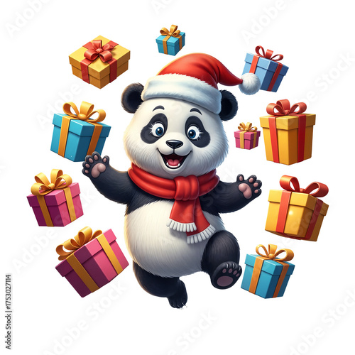  Panda with Santa Hat Surrounded by Presents