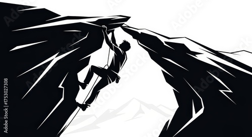 A dramatic black and white graphic illustration of a person rock climbing up a steep mountain face, showing determination and adventure.