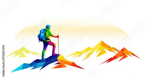 Colorful polygonal illustration of a hiker on a mountain peak.