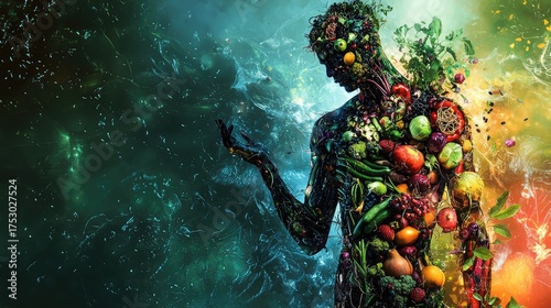 A digital artwork of a male figure whose body is composed entirely of fruits, vegetables, and roots, glowing with internal energy from plant-based nourishment.