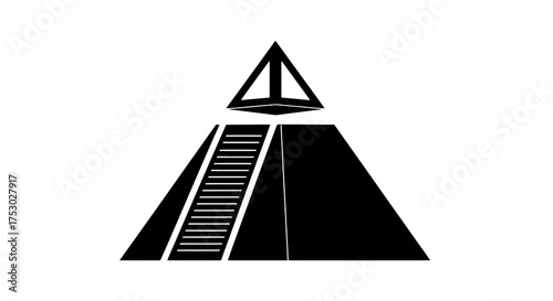 Mystical black pyramid with a stairway leading to a floating triangular portal symbol on a white background