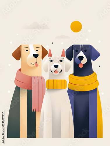 Minimal flat vector of stylish winter dogs in scarves, with warm colors, clean lines, and white background.