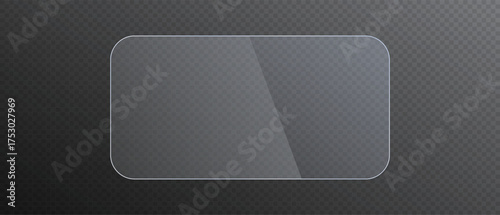 Glass plate on transparent background. Realistic screen glass, window mockup, clear glass showcase, glossy plastic glare frame, acrylic with glares and light, clear rectangular plate, plexiglas, 3d.