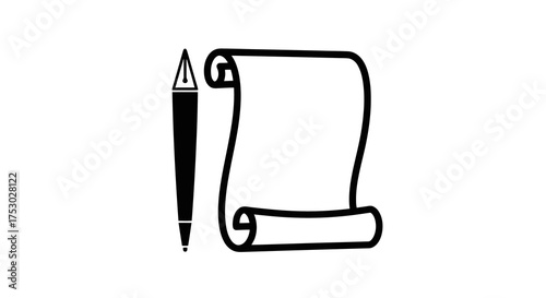 A simple black and white line icon of a quill pen and a parchment scroll, symbolizing writing, history, and law