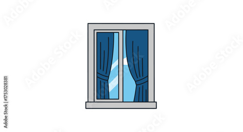 Illustration of a window with blue curtains, realistic style