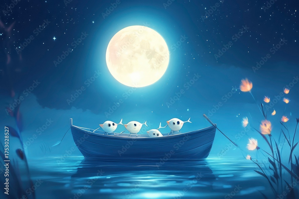 Naklejka premium Cute Sardines in Rowboat Under Moonlight Dreamy Scene