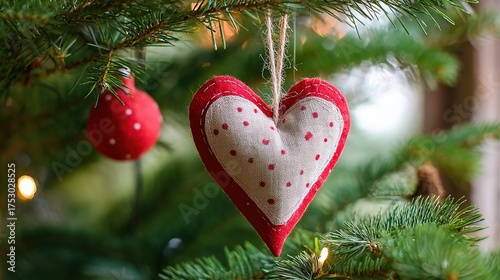 Christmas heart ornament, hanging on tree with polka dots, cozy festive decor, copy space
