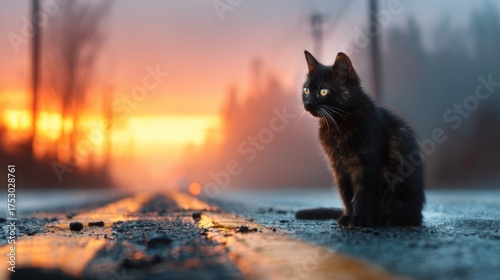 A solitary black cat gazes thoughtfully at the sunset on an empty road, evoking feelings of solitude, reflection, and the beauty of twilight in a tranquil setting.