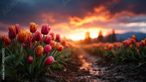 A field of vibrant tulips stands majestically as the sun sets behind them, painting the sky with rich colors, creating a breathtaking scene of natural beauty and harmony.