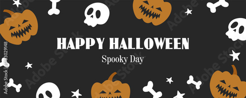 horizontal black banner with pumpkins and skulls