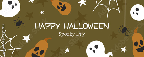 horizontal banner with pumpkins and ghosts