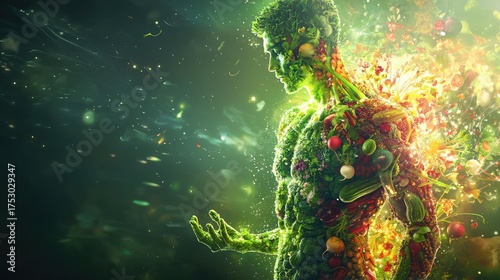 A digital representation of a male body made up of plant-based materials such as cucumbers, radishes, and broccoli, with a glowing, energetic aura surrounding it.