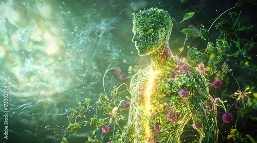 A digital representation of a male body made up of plant-based materials such as cucumbers, radishes, and broccoli, with a glowing, energetic aura surrounding it.