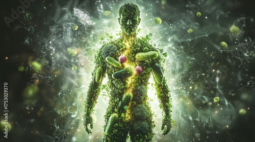 A digital representation of a male body made up of plant-based materials such as cucumbers, radishes, and broccoli, with a glowing, energetic aura surrounding it.