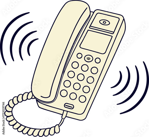 A classic landline telephone handset is depicted with stylized sound waves emanating from it, signifying an active call or ringing. This image represents communication, connection, and retro technolog