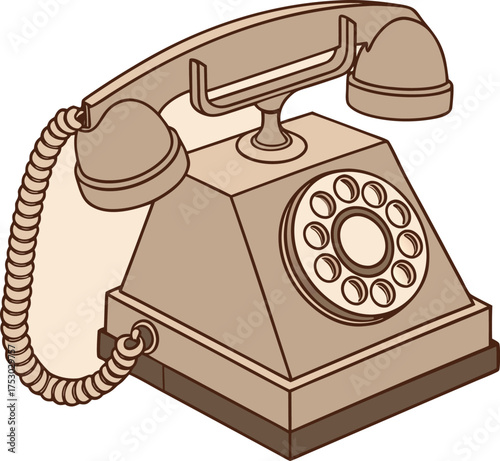 A charming vintage rotary dial telephone with a classic beige color and a coiled cord. This retro communication device evokes nostalgia for simpler times and traditional technology.