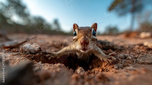 A close-up image of a curious squirrel peeking out of its burrow, showcasing its expressive features and natural habitat in a moment of exploration and wonder.