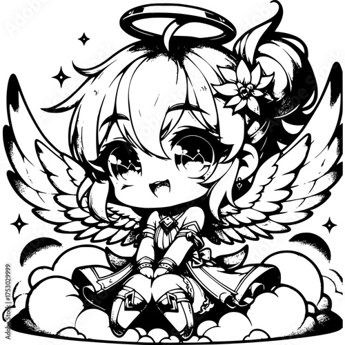 Dreamy Angelic Illustration: A whimsical illustration features a cute angel with wings and halo, exuding innocence and serenity.