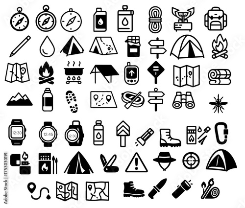 Collection of camping and outdoor adventure icons featuring essential gear and activities for exploring nature