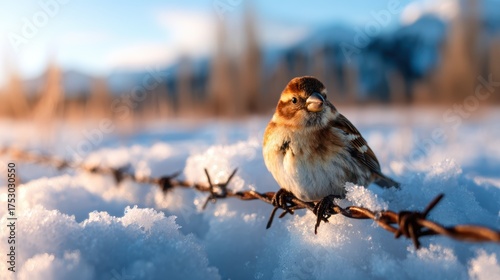 A small bird perches on barbed wire amidst a snowy winter landscape, illustrating the beauty of resilience against the harsh elements and evoking a sense of freedom.