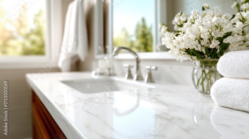 An elegant bathroom counter featuring a vase of fresh flowers and neatly folded towels is set against a bright natural backdrop, evoking tranquility and cleanliness.
