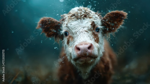 A close-up shot of an adorable calf looking inquisitively at the camera as raindrops fall around it, capturing the essence of innocence and curiosity in nature.