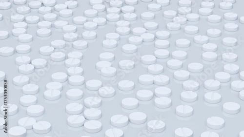 Round white drugs, vitamins or pills sliding on clean background. Abstract medical seamless 3d animation for pharmaceutical production.