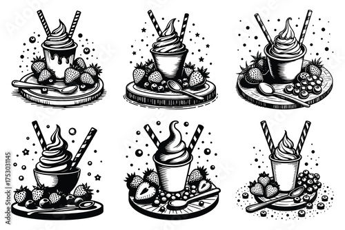 Six black and white illustrations of ice cream sundaes with berries