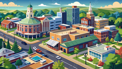Aerial view of Fayetteville North Carolina downtown business district, main street in Cumberland county First Baptist Church. government buildings.