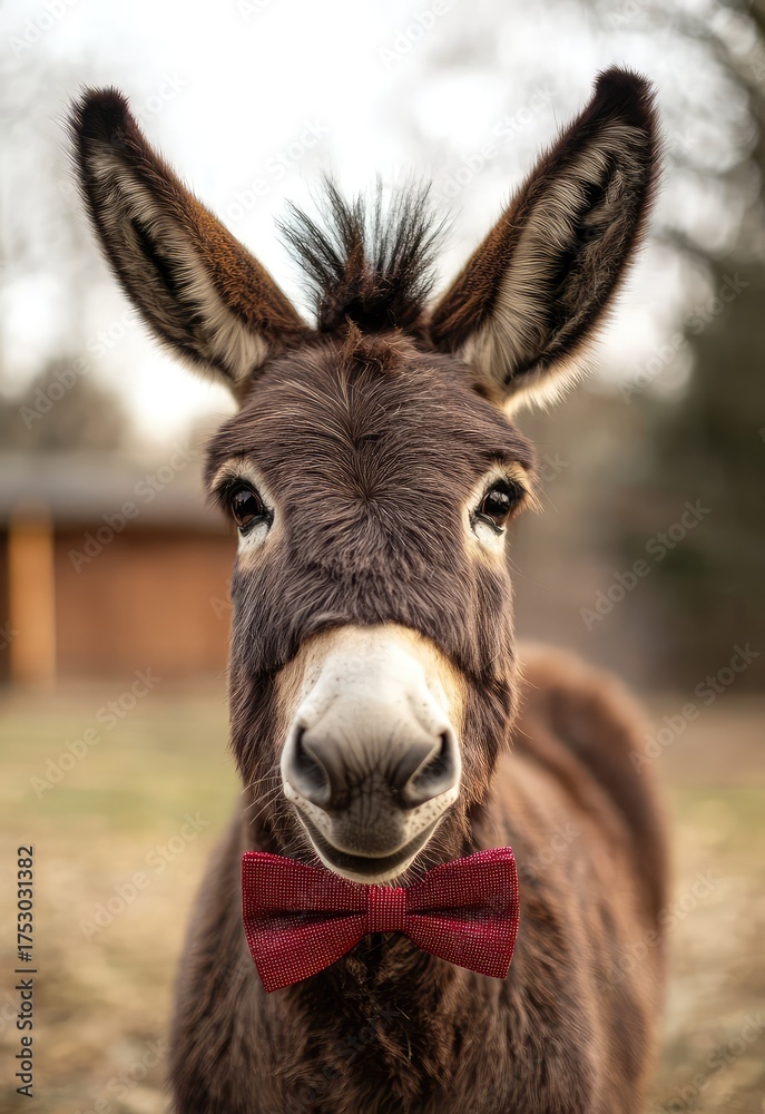 Fototapeta premium A donkey wearing a bowtie, looking dapper and ready for a formal event. Stock