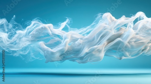 The image illustrates ethereal white smoke gracefully flowing against a blue background, embodying movement and the transient nature of beauty in an abstract form.