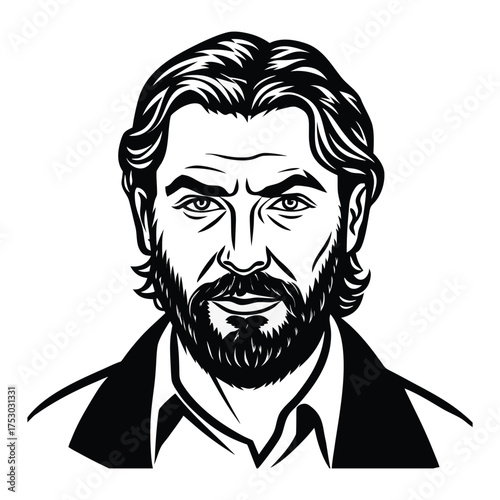This image appears to depict a man with facial hair, wearing a suit and tie. He has a serious, intense expression on his face. The image is in a black and white, high contrast style, reminiscent of a 