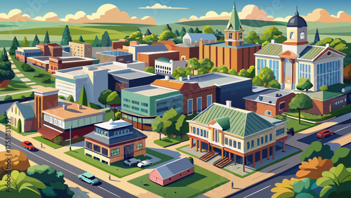 Aerial view of Fayetteville North Carolina downtown business district, main street in Cumberland county First Baptist Church. government buildings.