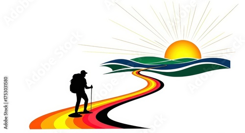 Silhouette of a hiker with a backpack on a colorful path towards the sun.